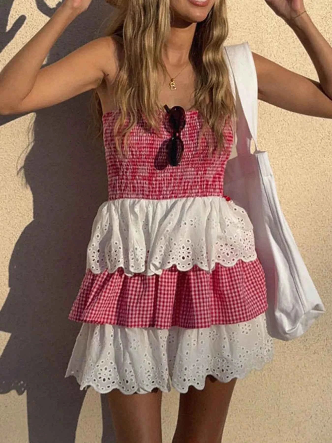 Eyelet Gingham Ruffle Layered Tube Dress Strawberry b0cf0bd2-c2cd-4d90-8963-71d47961e996-Max-Origin