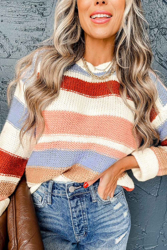 Pink Striped Colorblock Round Neck Drop Shoulder Sweater b0d56635b450335d