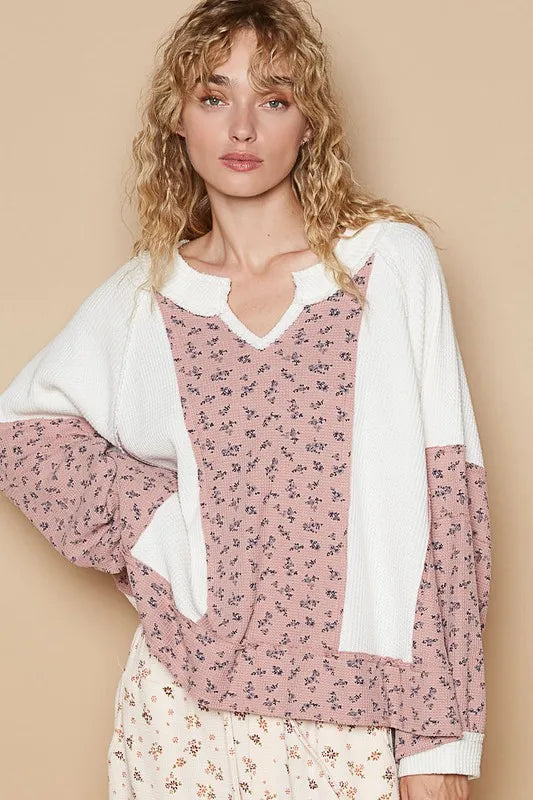 POL Waffle Knit Floral Notched Long Sleeve Top White b0d605ae-057e-4e2f-97de-5d6ae40d7868-Max