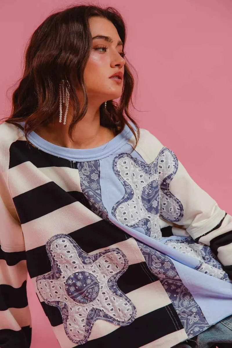 BiBi Patchwork Striped Round Neck Sweatshirt b0d779f3c3ac413a92780c9f860b59f2-Max-Origin