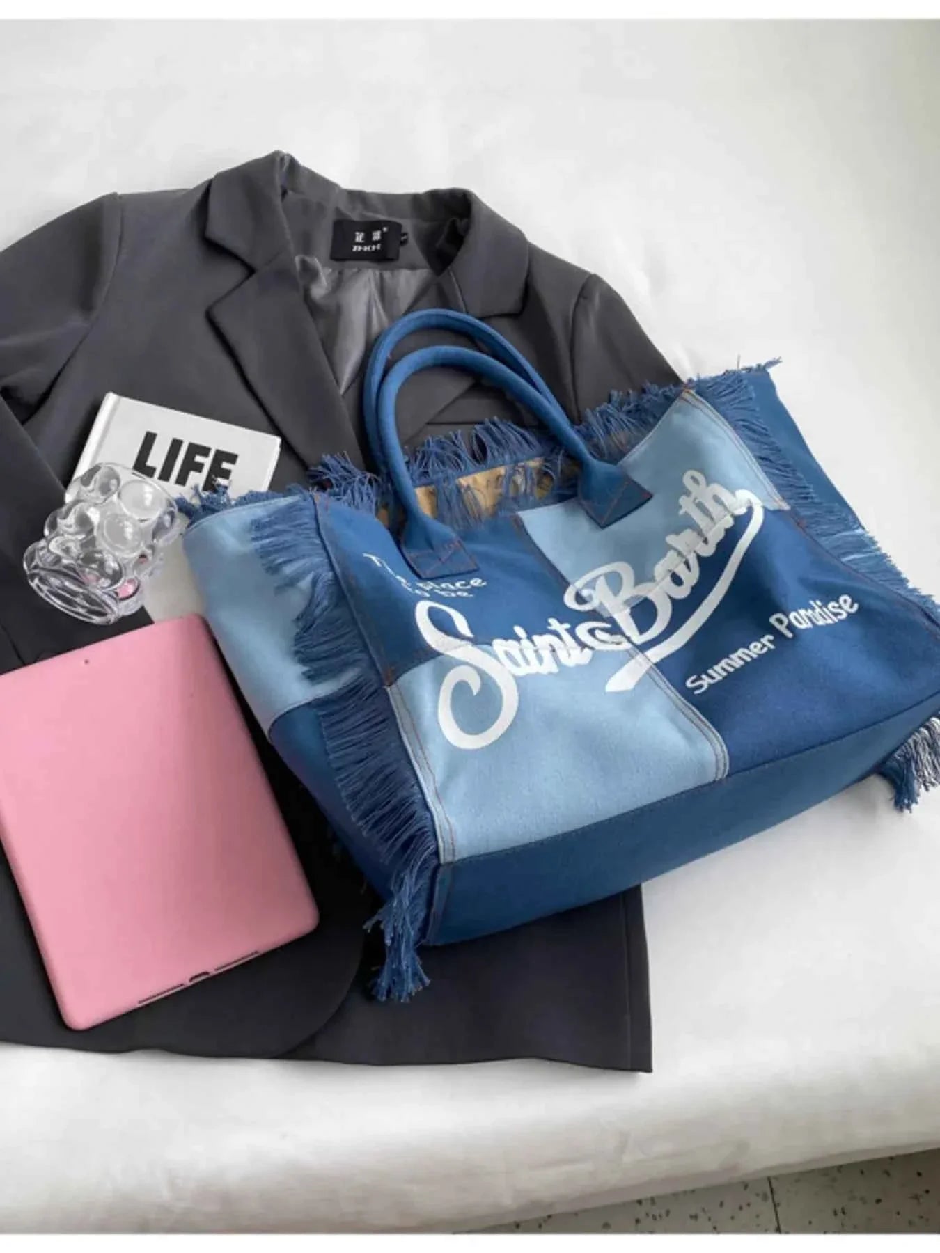 Fringe Letter Canvas Tote Bag Blue One Size b0da38b7a8234db9b5b1ec08241155ab-Max-Origin