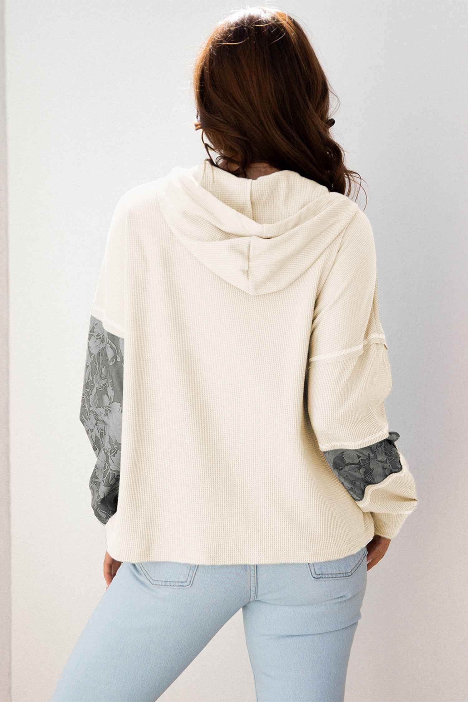 White Waffle Printed Patchwork Drawstring Hooded Long Sleeve Top b0ddc2fc3b121da7