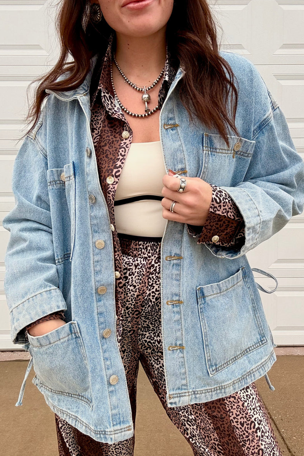 Beau Blue Multi Patched Pockets Side Tie up Boyfriend Style Denim Jacket b0ddebc81cd3abe3