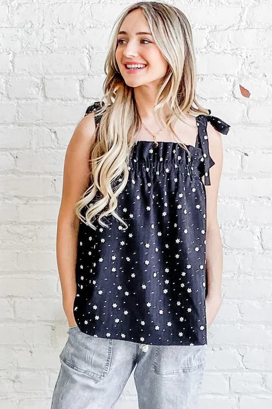 Daisy Polka Dot Print Ruffle Tank Top - Smocked Tied Bow b0de682134354e9ab887e620bc8cd81e-Max-Origin