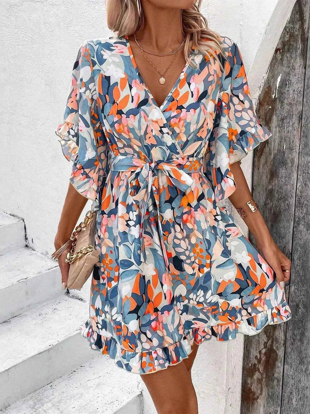 Printed Surplice Half Sleeve Dress b0de8bf1a0204a24b58c5a54ef1b24be-Max-Origin