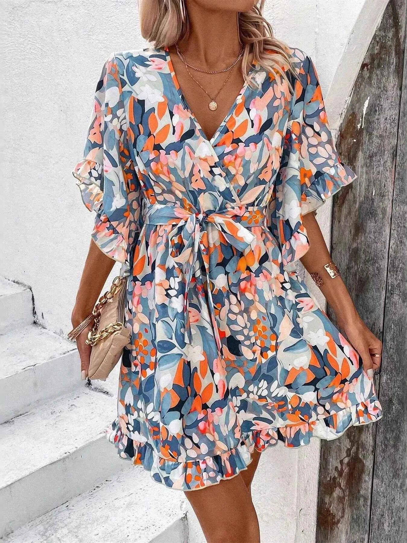 Printed Surplice Half Sleeve Dress b0de8bf1a0204a24b58c5a54ef1b24be-Max-Origin