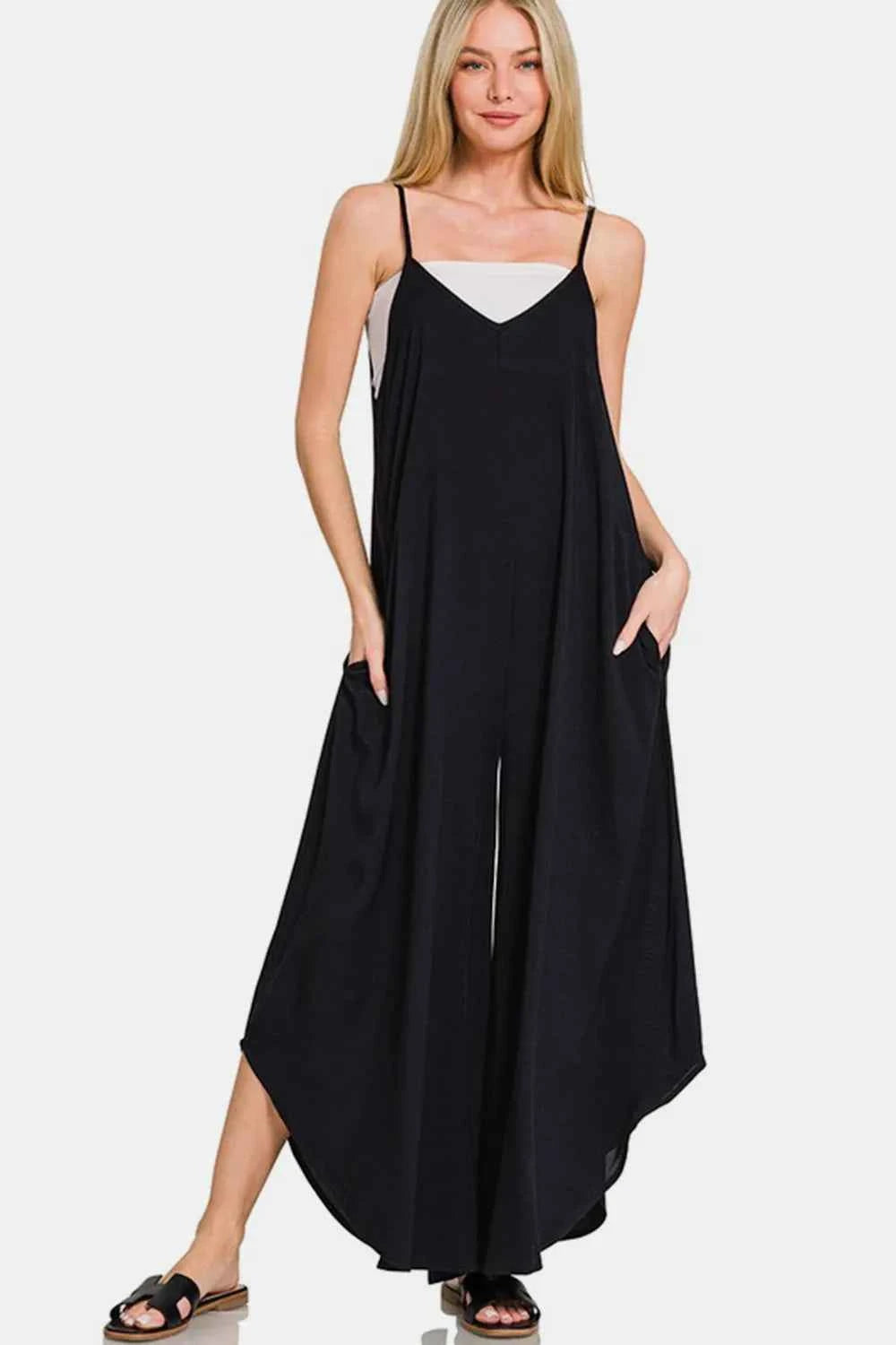 Zenana Spaghetti Strap Wide Leg Overalls with Pockets Black b0dffa3d-a3c9-4095-8a1f-873485998931-Max