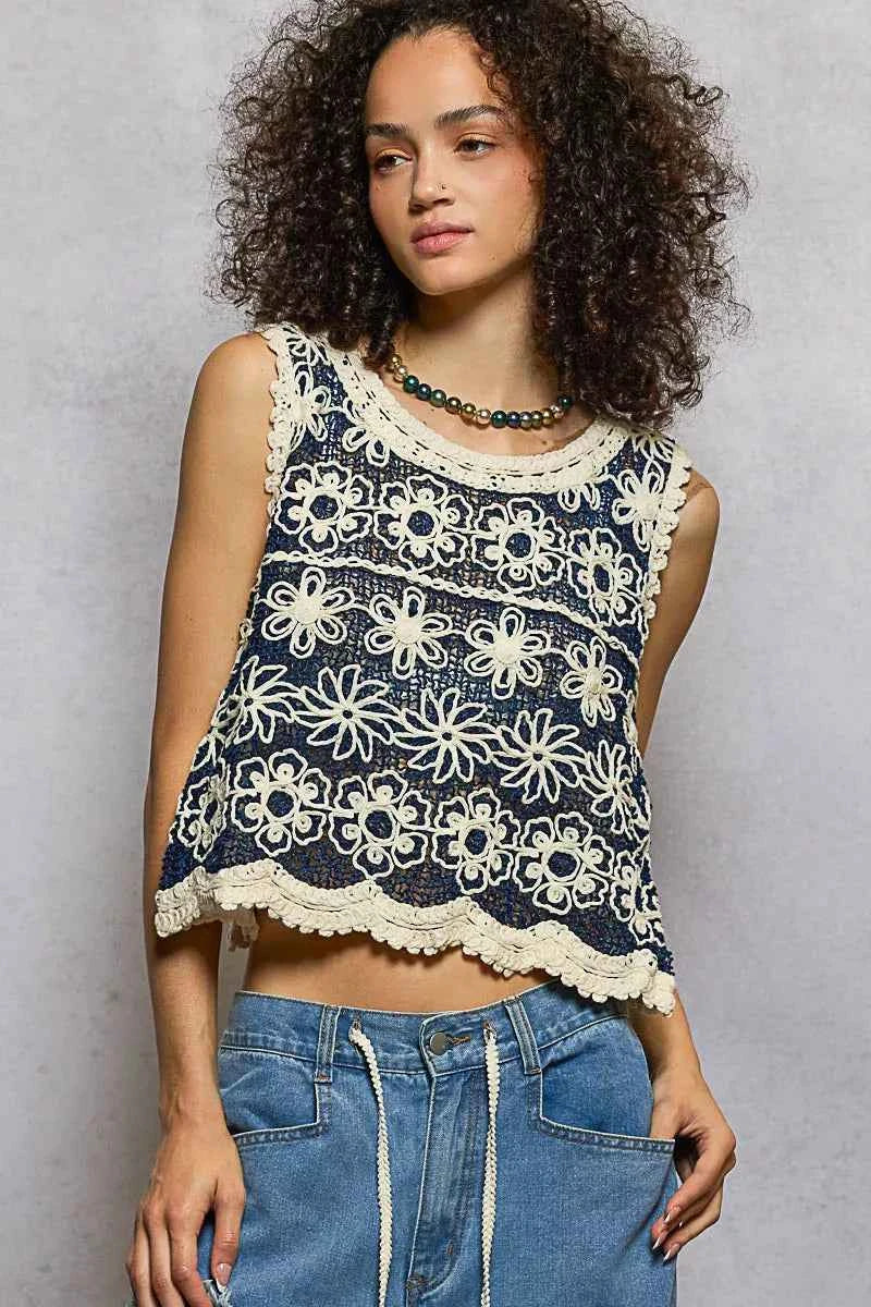 POL Floral Round Neck Cropped Crochet Sleeveless Top with Scalloped Edge NATURAL DENIM One Size b0e1891f-0aaf-4999-9018-2ca2347a2d44-Max-Origin