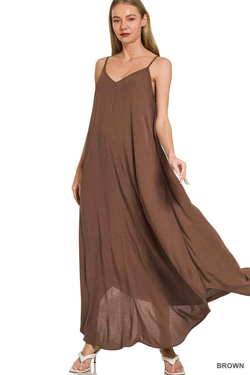Zenana Woven Crinkle Cami Maxi Dress with Side Pockets BROWN b0e90473a0e24120bc6e0763054c31e3-Max