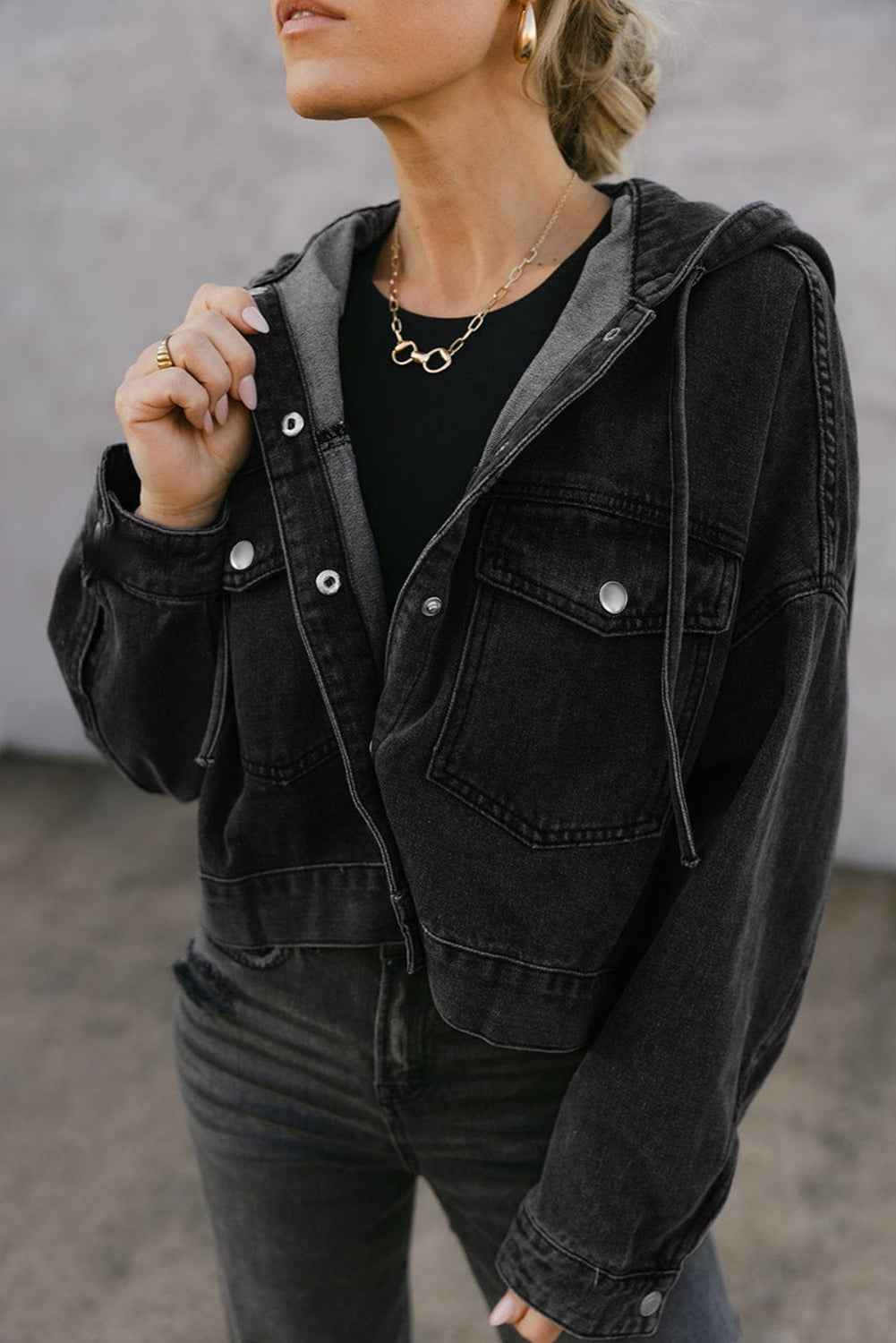 Black Chest Pocket Drop Shoulder Hooded Denim Jacket Black 75%Cotton+25%Polyester b0ebb371e0b51e8a