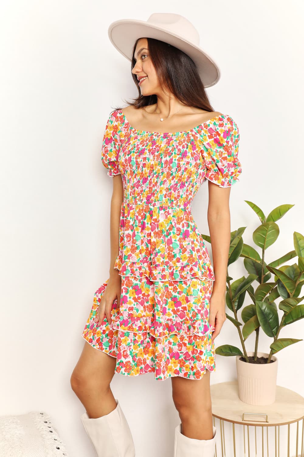 Devine Smocked Sweetheart Neck Flounce Sleeve Mini Dress b0f4622d5fef44c19f6924caaedbcd0d-Max