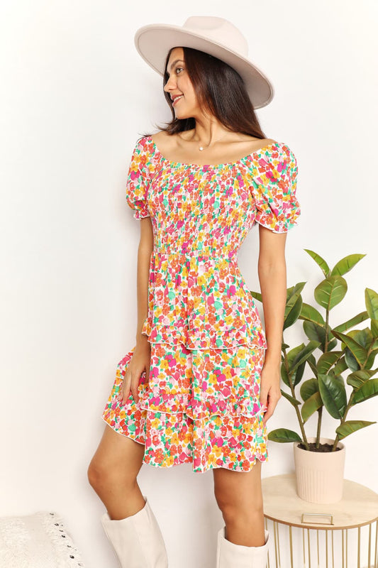 Devine Smocked Sweetheart Neck Flounce Sleeve Mini Dress b0f4622d5fef44c19f6924caaedbcd0d-Max