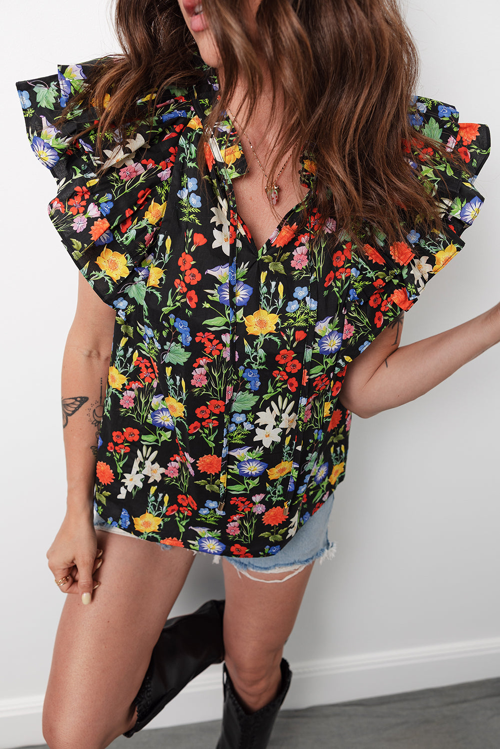 Black Tiered Flutter Sleeve V Neck Flower Blouse b0f56088e8028f1b