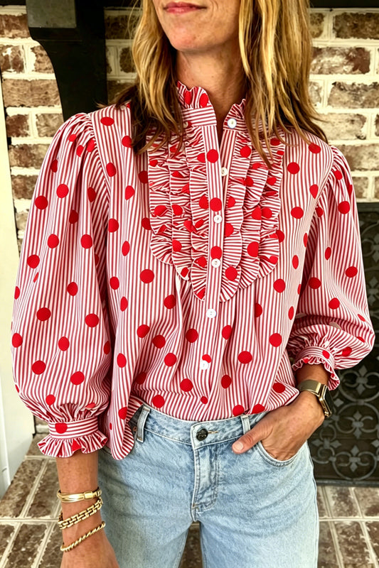 Fiery Red ka Dot Striped Print Ruffle Stand Neck 3/4 Sleeve Shift Shirt Fiery Red 100%Polyester b0f7a06b78720b52
