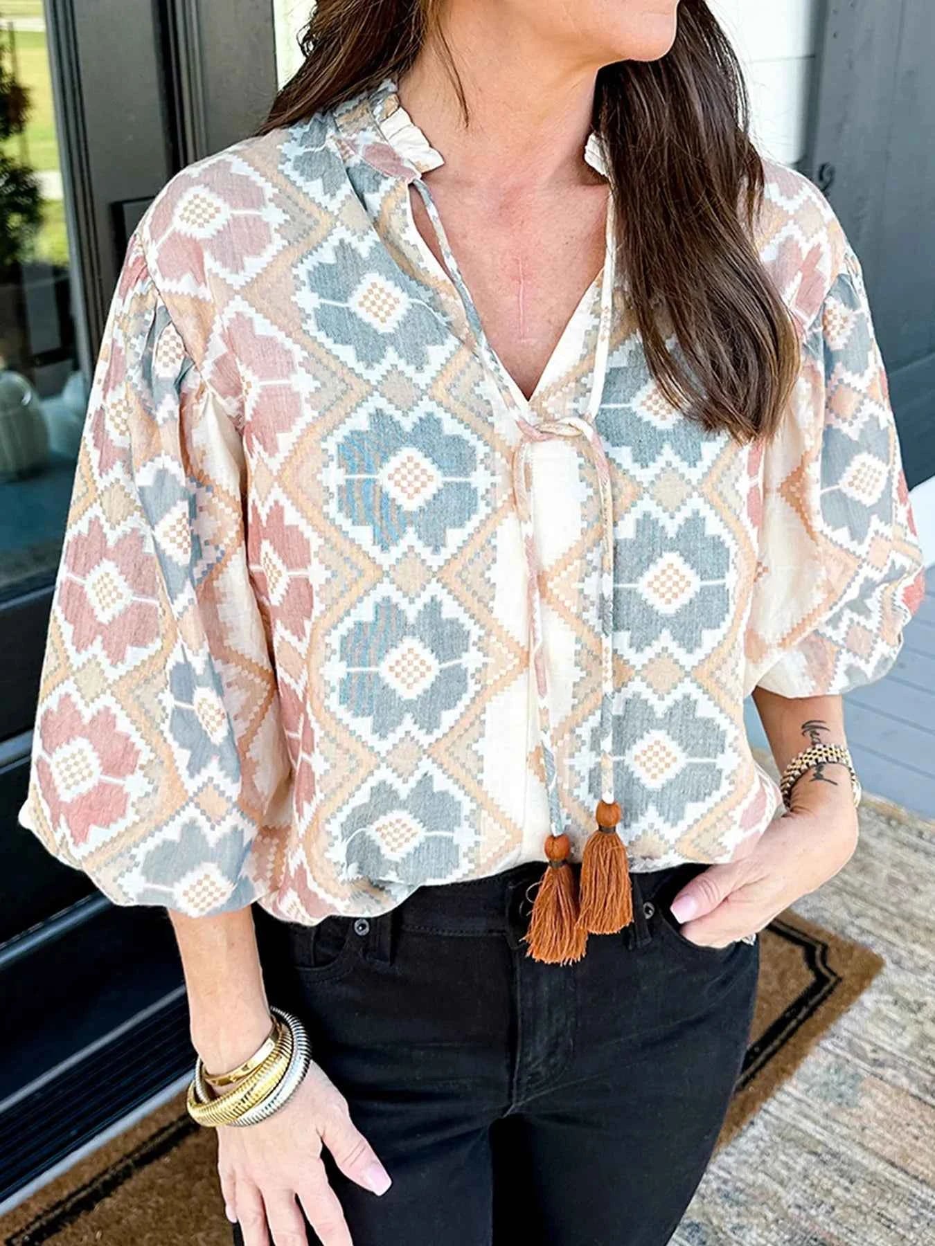 Bohemian Geometric Print Blouse with Tassel Tie b0fb796a-8ce6-465d-84d1-35eff759367d-Max-Origin