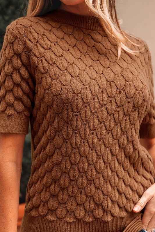 Fish Scale Textured Knit Short Sleeve Sweater b1008810-a9f9-47d4-926f-eb8c6f779ae0