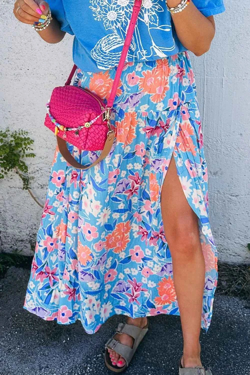 Floral Printed High Waist Split Skirt Blue b1022fa8-bb9d-46f9-9df8-ab5313df12bb-Max-Origin