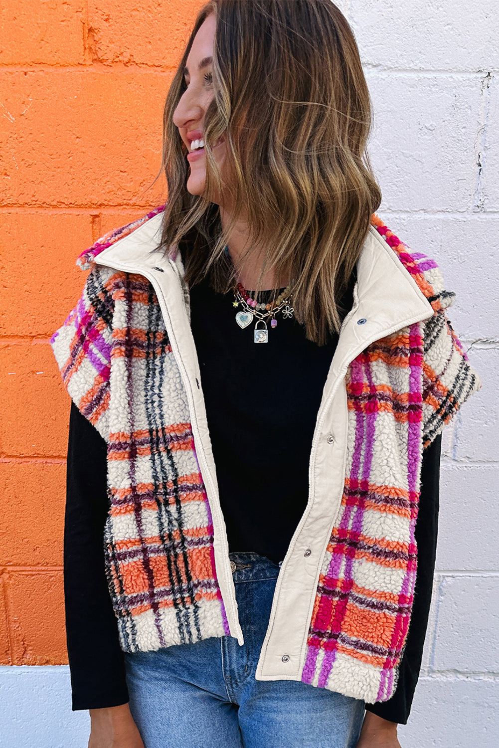 Rose Sherpa Plaid Collared Jacket Vest b1028d4dc4dc6bd6