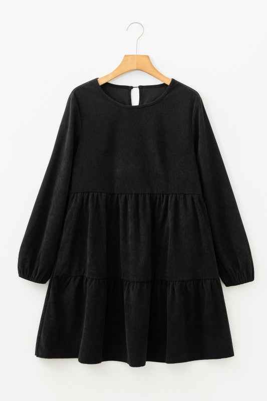Solid Lantern Sleeve Tiered Mini Dress Black b102b985-5fcb-4c7a-80a0-08199115e17b