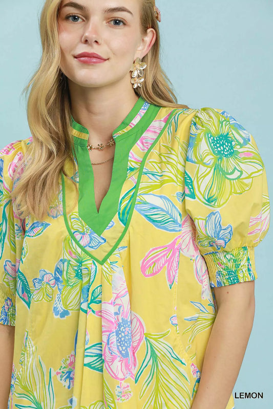 Botanical Print Dress with Smocked Cuffs b107f038-e00a-42e4-b1d6-b03b002d9317-Max-Origin
