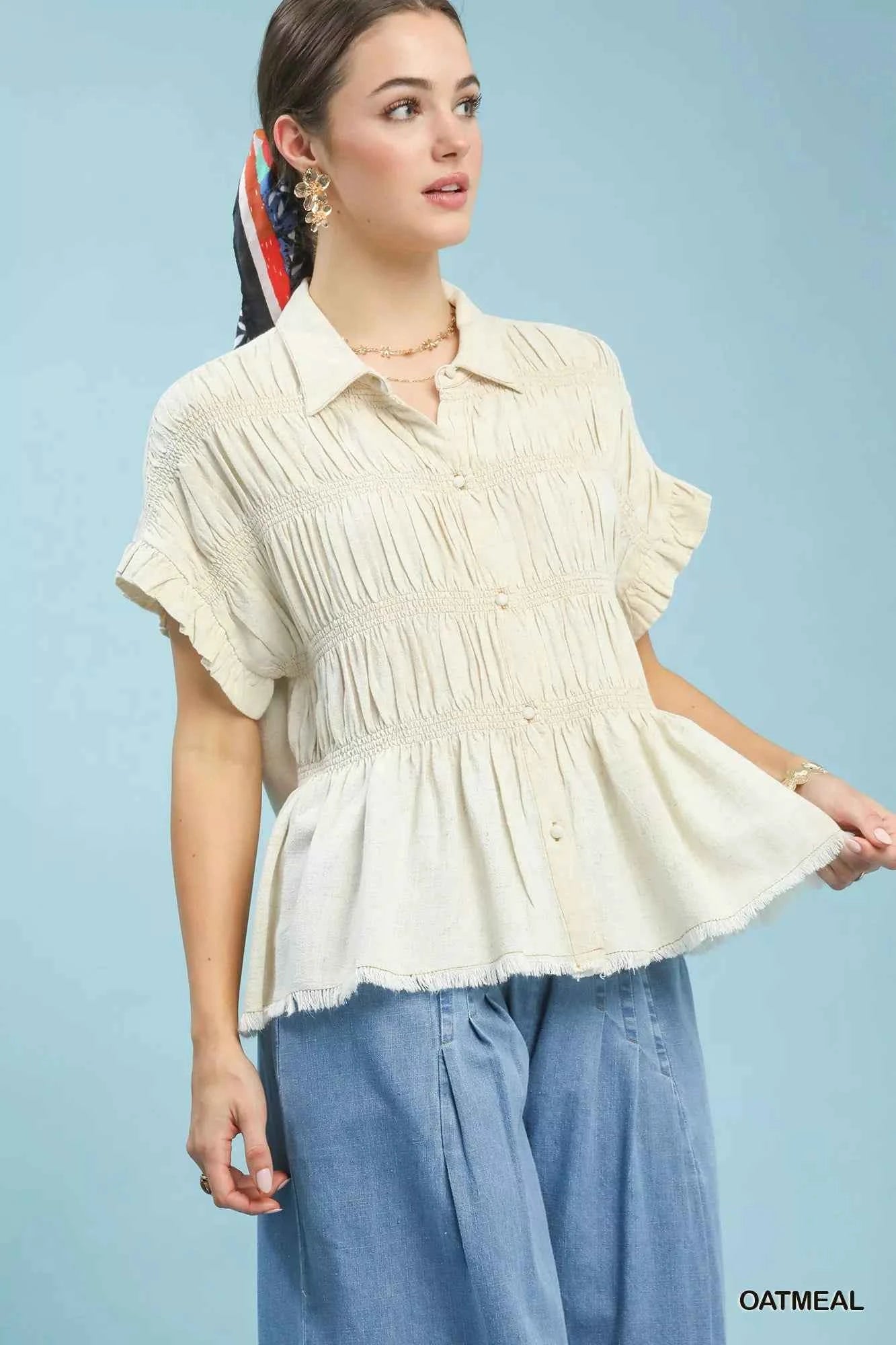 Umgee Washed Linen Blend Smocked Shirt b10ea4a4-df74-4cbb-9b44-880e4410fe5a-Max-Origin