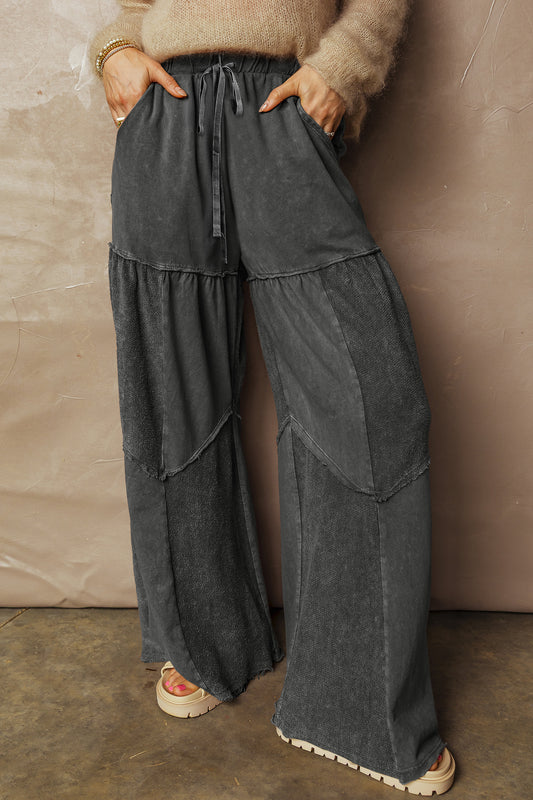 Black Mineral Wash Tiered Wide Leg Patchwork Drawstring Pants b10ff7032ef0a744