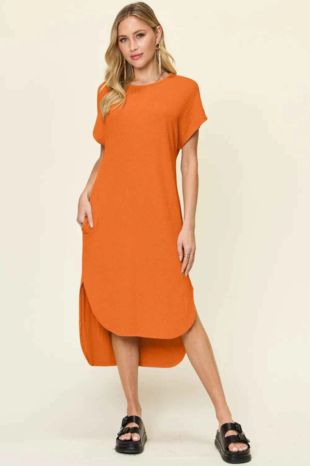Double Take Full Size Round Neck Short Sleeve Slit Dress Tangerine b1105176-f29f-4998-a4b6-15f977ed27f5-Max