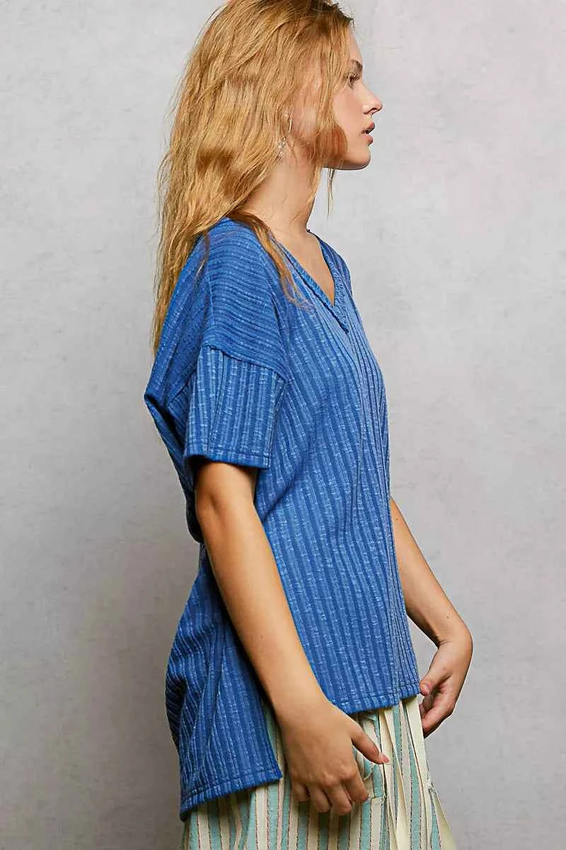 POL Ribbed Knit V-Neck Short Sleeve T-Shirt with Side Slit b11233d6-3675-49a1-8e5c-3336fbae75e2-Max-Origin