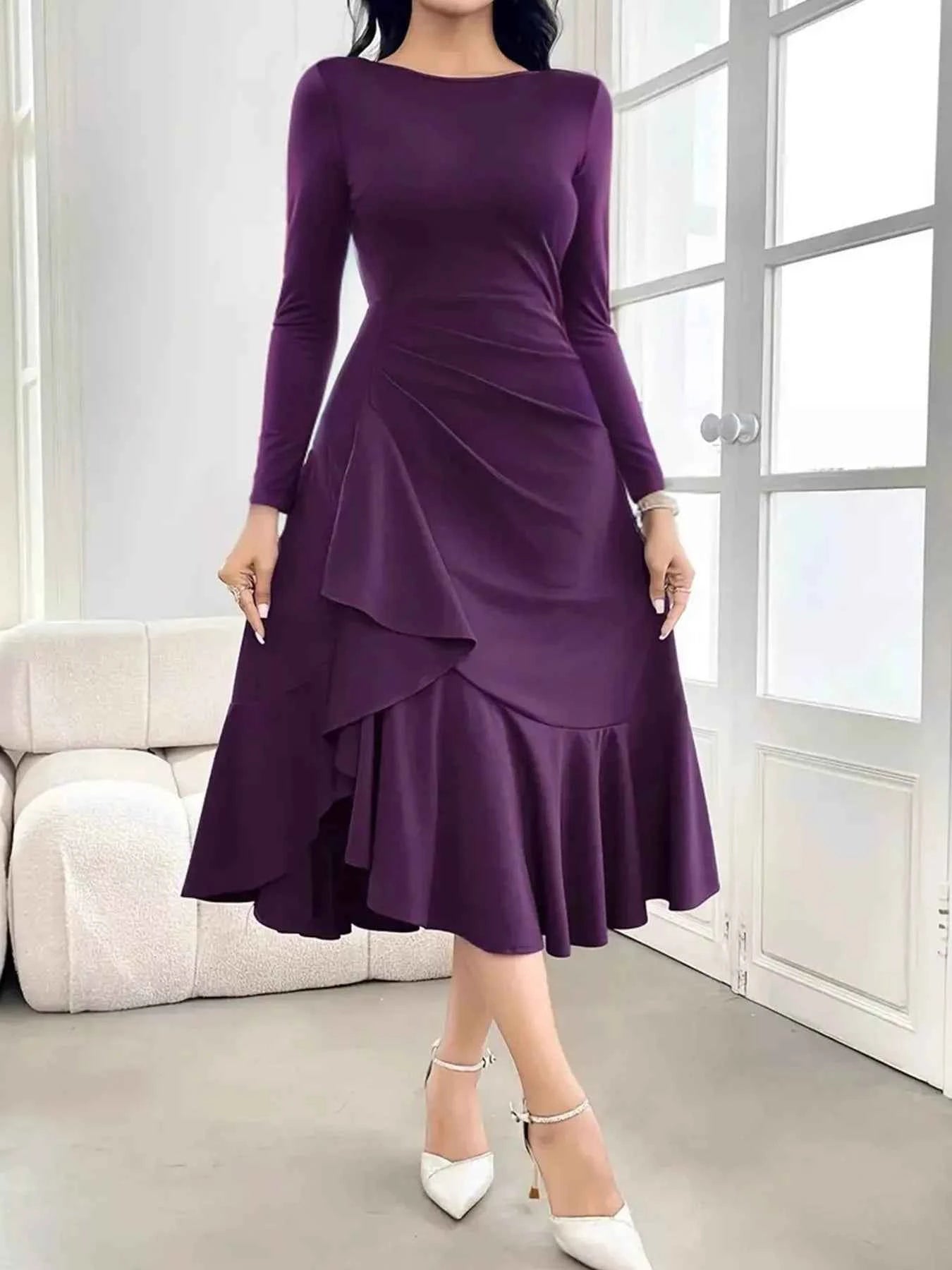 Ruffled Hem Long Sleeve Dress Purple b1124cc4581d4e7582d4aeddd451b7bd-Max-Origin