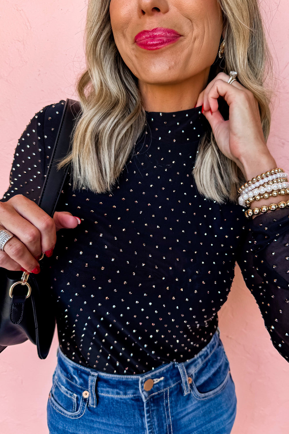 Black Rhinestone Embellished Mesh Long Sleeve Top b116d789e889938a