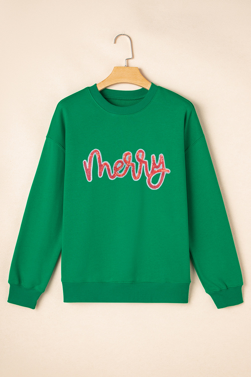 Dark Green Sequin merry Letter Patch Application Drop Shoulder Baggy Sweatshirt b117c194786dc12a