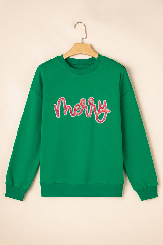 Dark Green Sequin merry Letter Patch Application Drop Shoulder Baggy Sweatshirt b117c194786dc12a