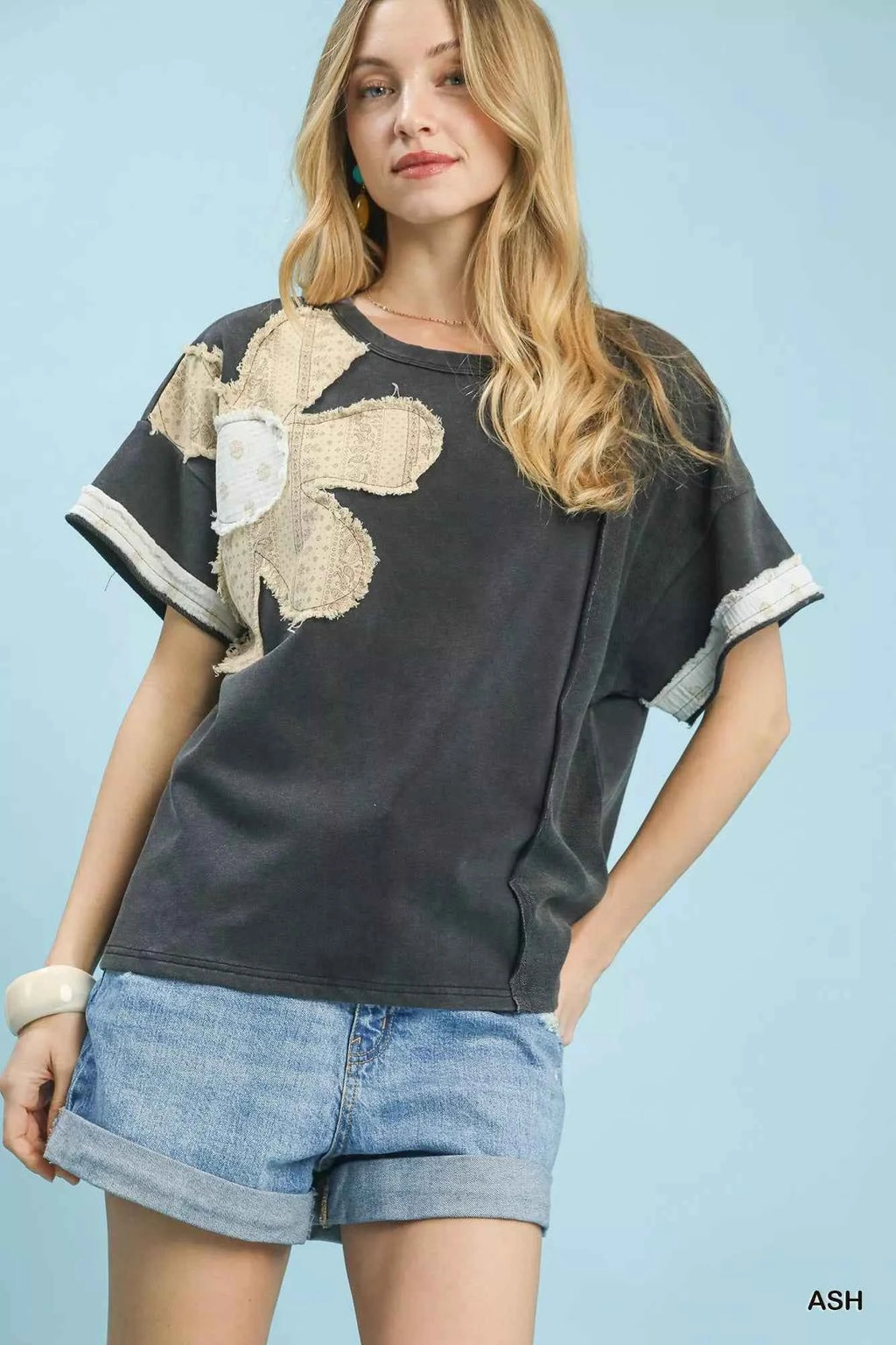 Umgee French Terry Top with Flower Patch ASH b11afbbd-f741-44f3-b2a5-f8128945596d-Max-Origin