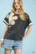 Umgee French Terry Top with Flower Patch ASH b11afbbd-f741-44f3-b2a5-f8128945596d-Max-Origin