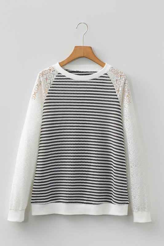 Stripe Textured Knit Lace Patchwork Long Sleeve To Black Stripe b11d6efc-4f1c-4cad-8ba9-c52910396e1a