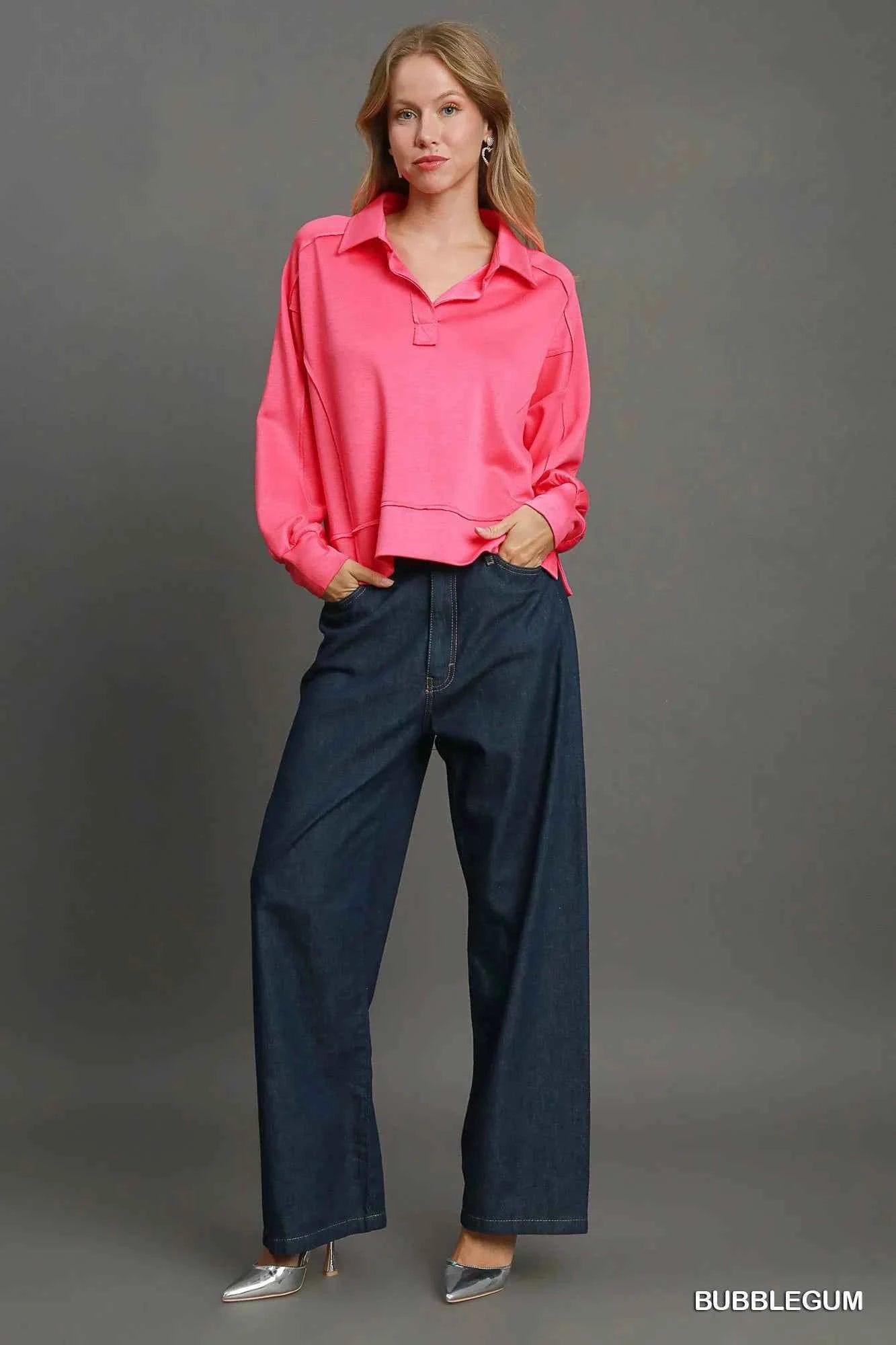 Umgee Exposed Seam Long Sleeve Polo Top with Side Slit b12aeae7-5893-4fc7-9f67-6be3b64670ff-Max-Origin
