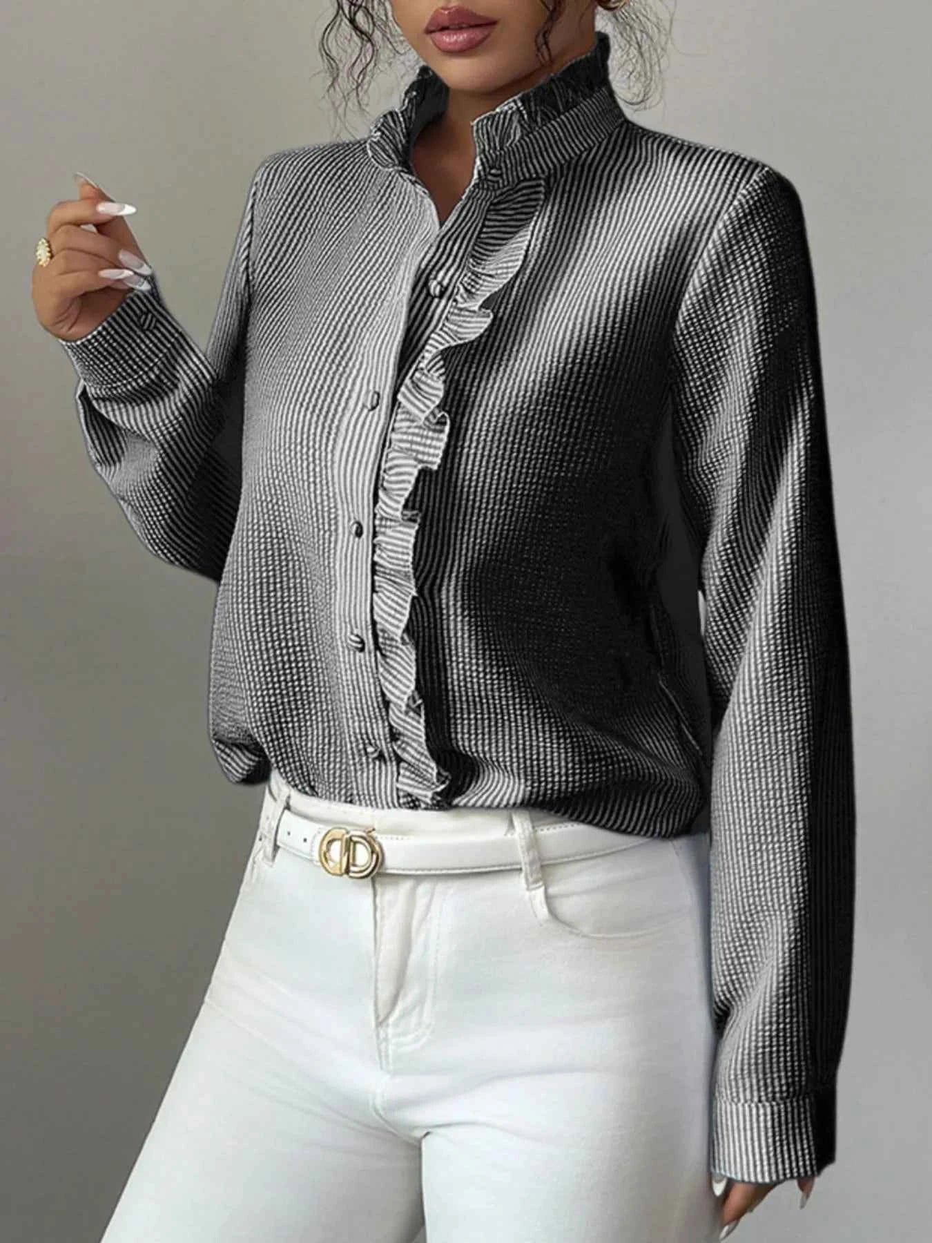 Ruffle Front Striped Button-Up Shirt Black b12b761e-a6e3-4f67-b83a-121e83ef4c4d-Max-Origin