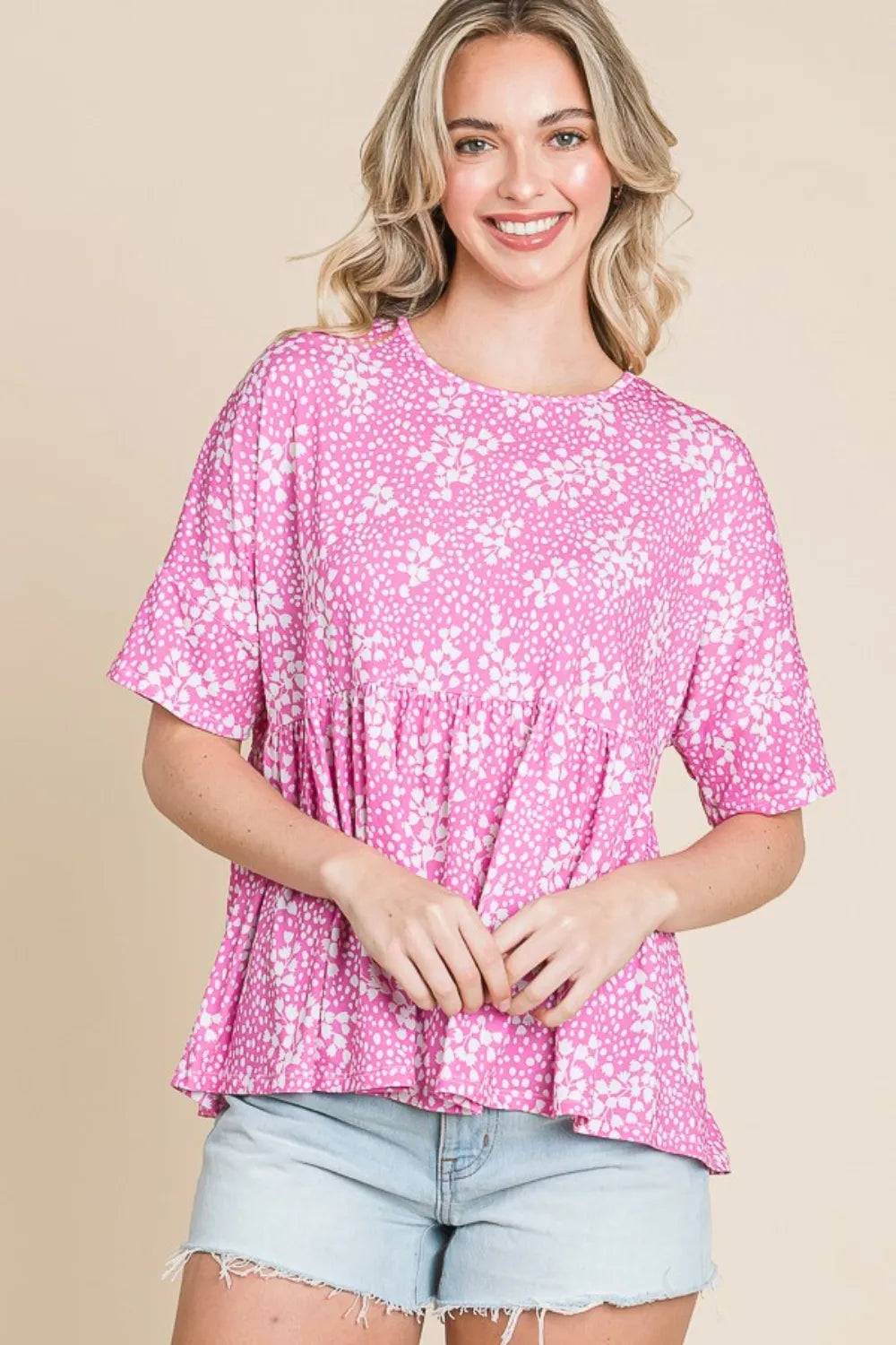 BOMBOM Floral Round Neck Peplum Blouse Pink b12de049-35f7-4b6f-905e-7dd15480c4a2-Max
