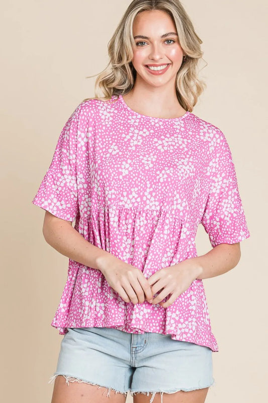 BOMBOM Floral Round Neck Peplum Blouse Pink b12de049-35f7-4b6f-905e-7dd15480c4a2-Max
