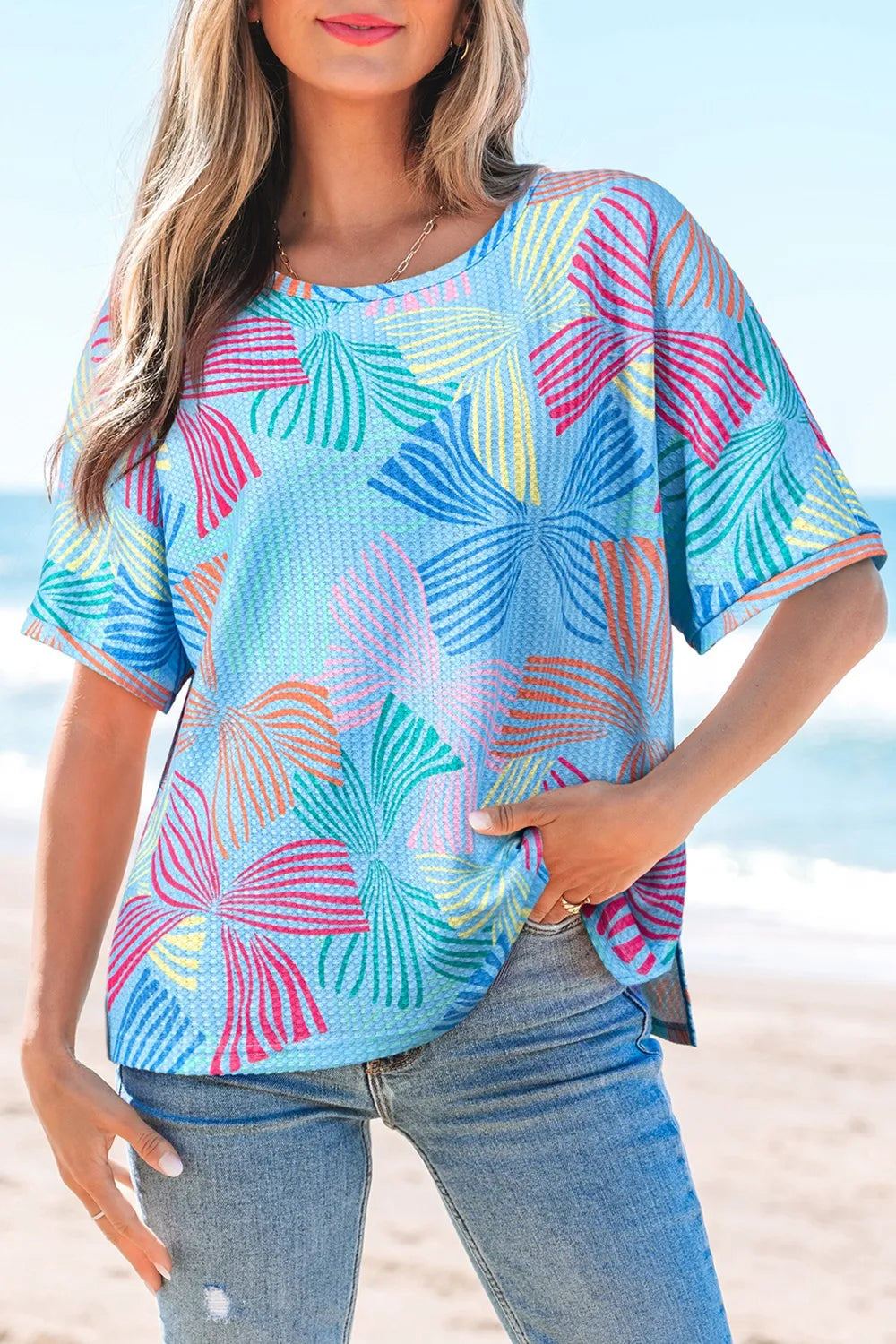 Printed Round Neck Half Sleeve Top Pastel Blue b12dee09-71b6-45cb-9d17-0c0f60f888ef-Max-Origin