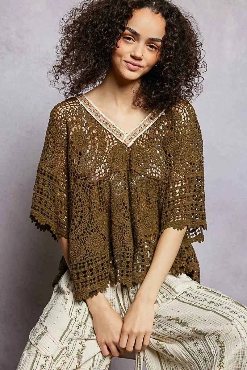 POL V-Neck Crochet Top with Scalloped Hem b132b2cb-7720-44b1-914f-94df757c178c-Max-Origin