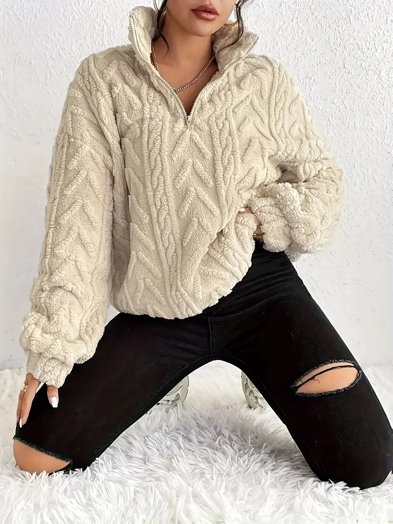 Quarter Zip Dropped Shoulder Sherpa Sweatshirt b134e8129c664dfc9086aaeaca0dda2f-Max-Origin