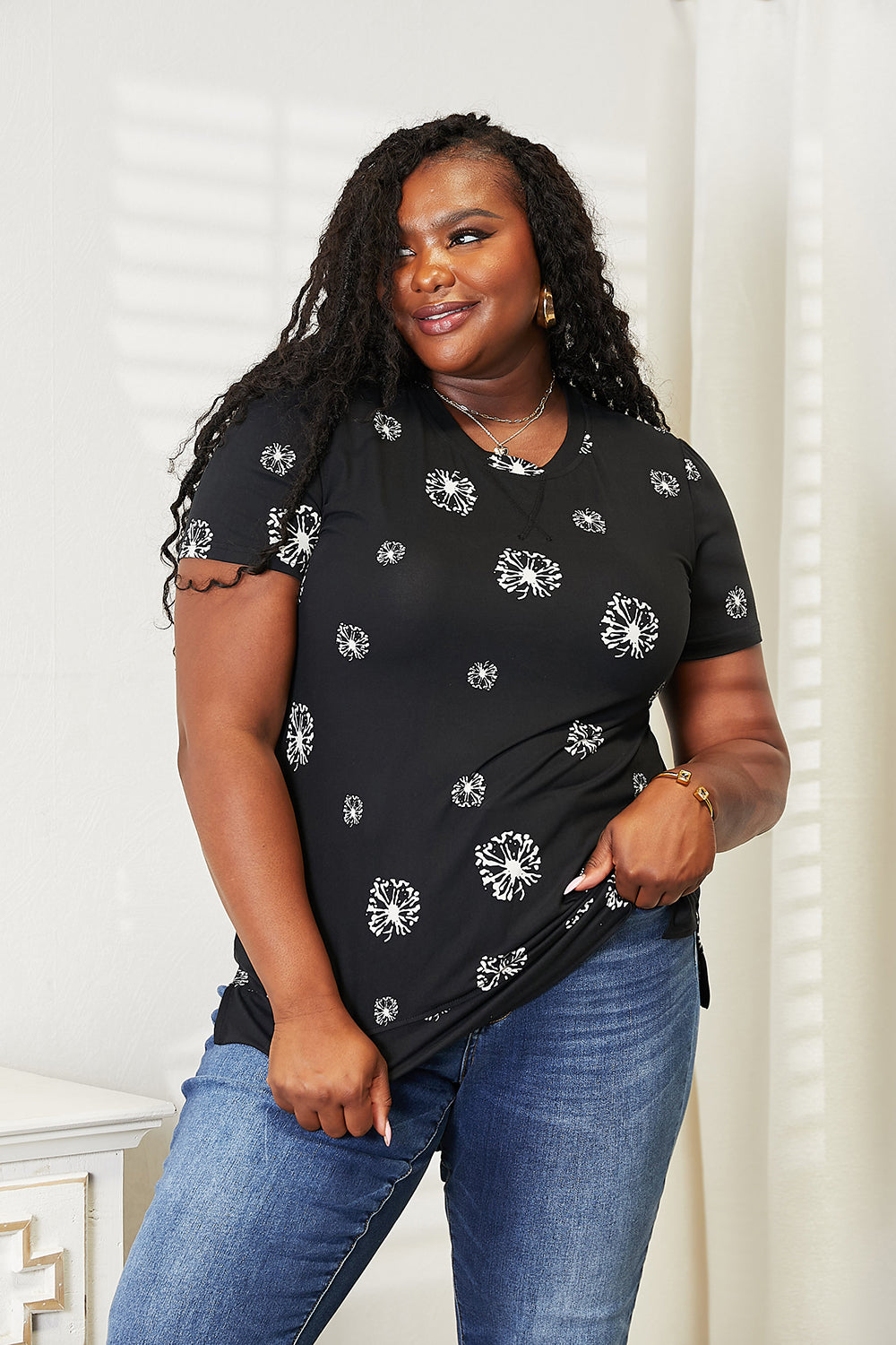 Double Take Dandelion Print Round Neck T-Shirt b1396a10c1c048e5937e7d471862651f-Max