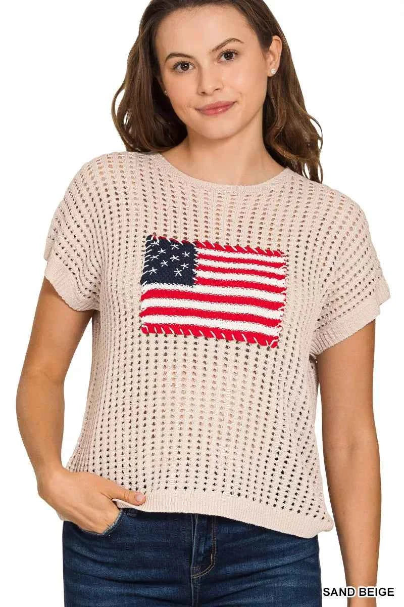 Zenana Viscose American Flag Openwork Knit Top SAND BEIGE b139ffc9cf1c4f9dbdaf63842fd085ba-Max-Origin