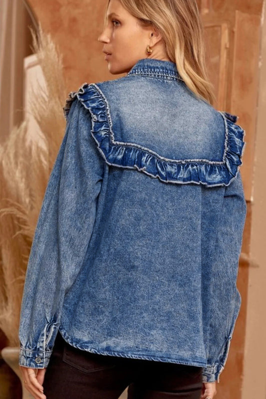 Dusk Blue Vintage Wash Denim Ruffle Detail Button Down Shirt b13bcda00ed55cbd
