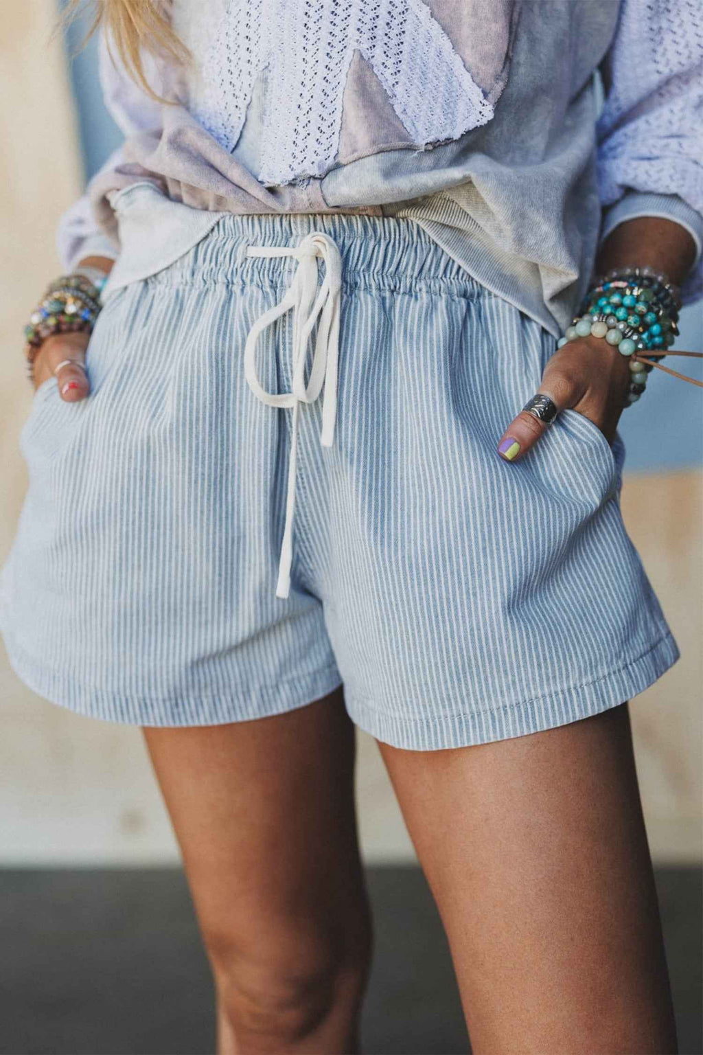 Sky Blue Stripe Drawstring Elastic Waist Casual Denim Shorts Sky Blue Stripe 85%Cotton+15%Polyester b14446f213ff4901