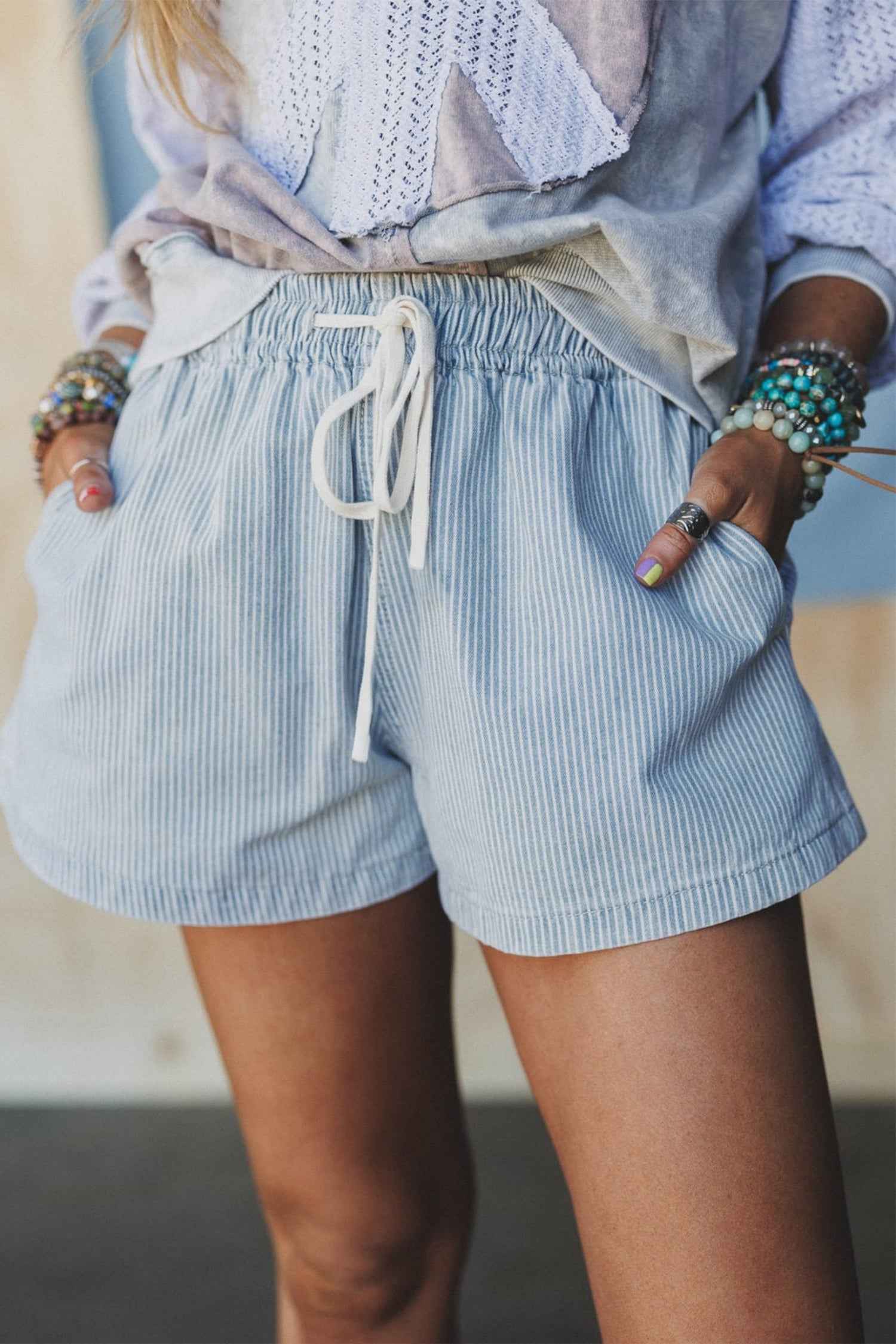 Sky Blue Stripe Drawstring Elastic Waist Casual Denim Shorts Sky Blue Stripe 85%Cotton+15%Polyester b14446f213ff4901