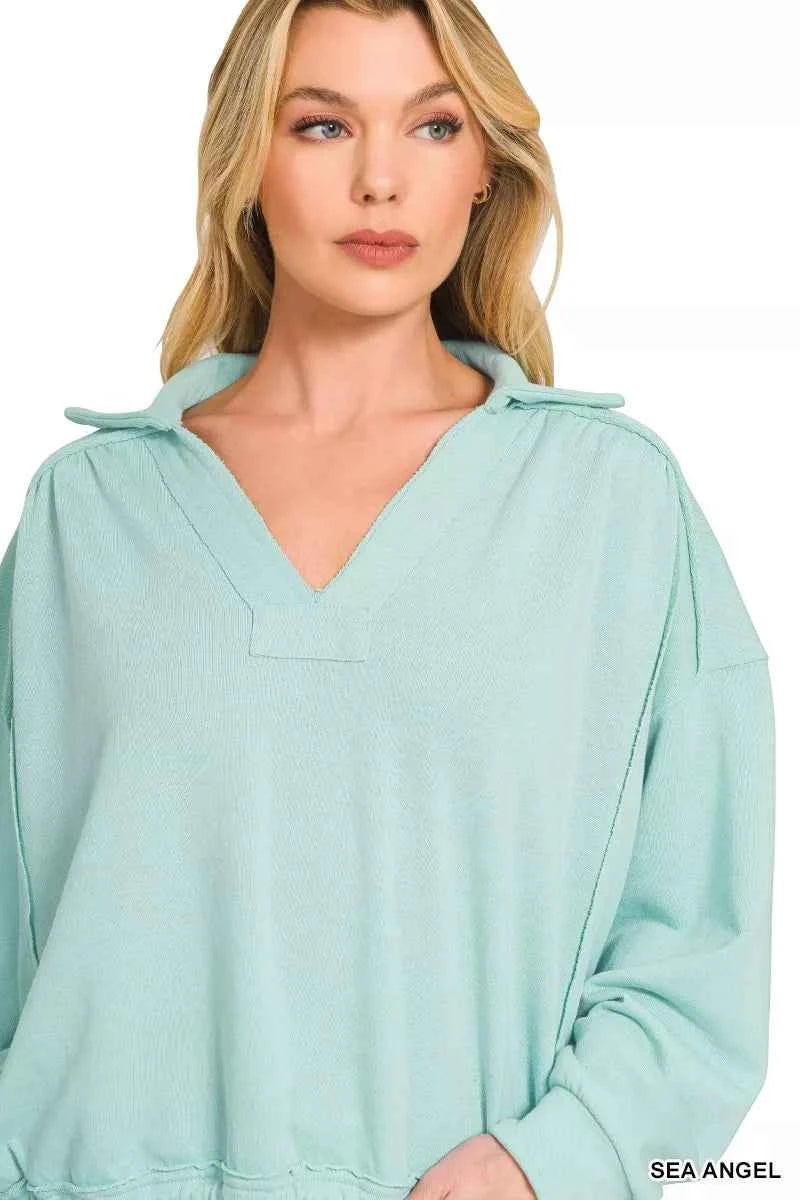 Zenana French Terry Collared Exposed Seam Sweatshirt b14514a886ab4b57a8b700395a746e6c-Max-Origin