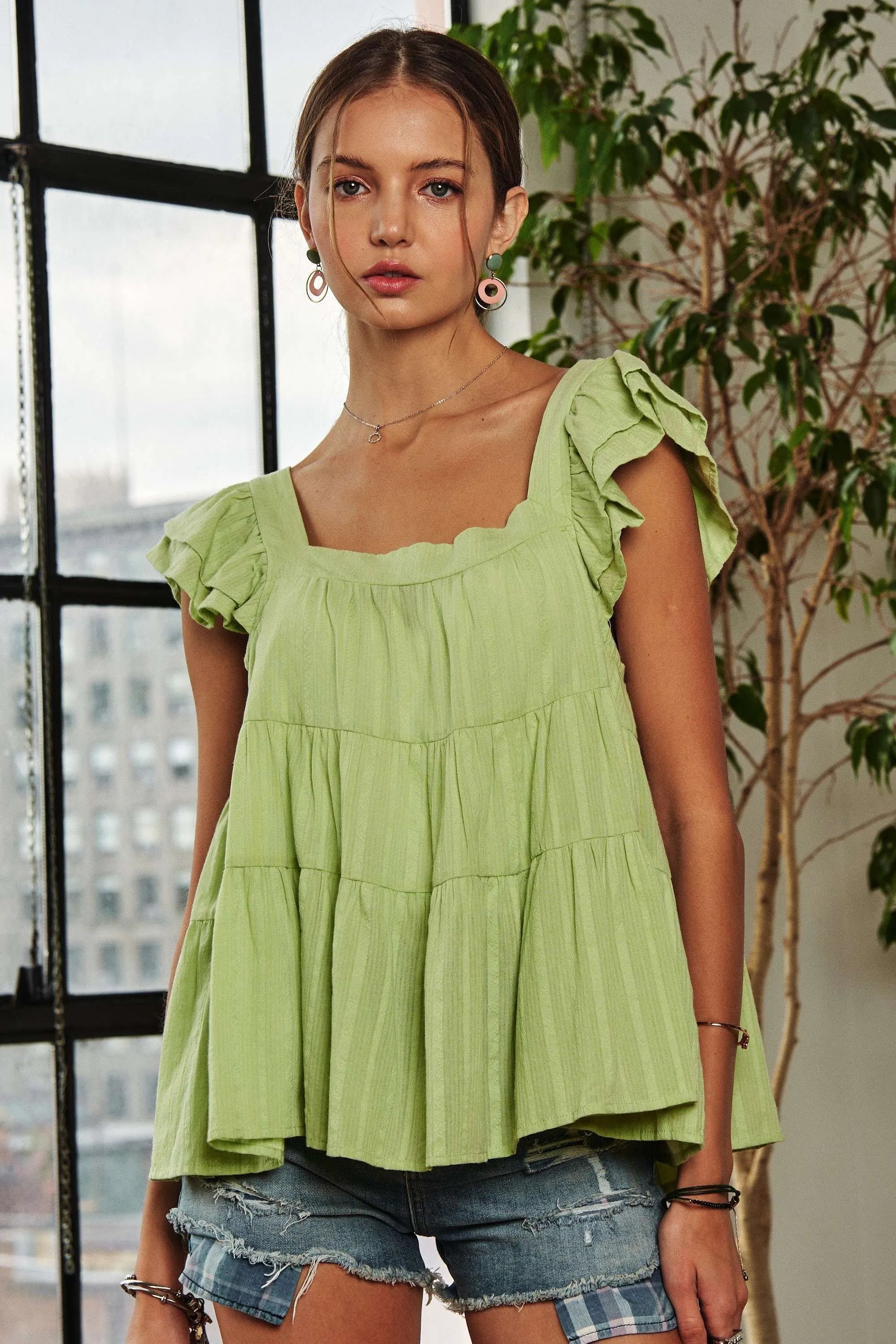 ADORA Ruffle Sleeve Babydoll Tunic Top SAGE b148795ec1ac4b9db75edad5fa318a75-Max-Origin