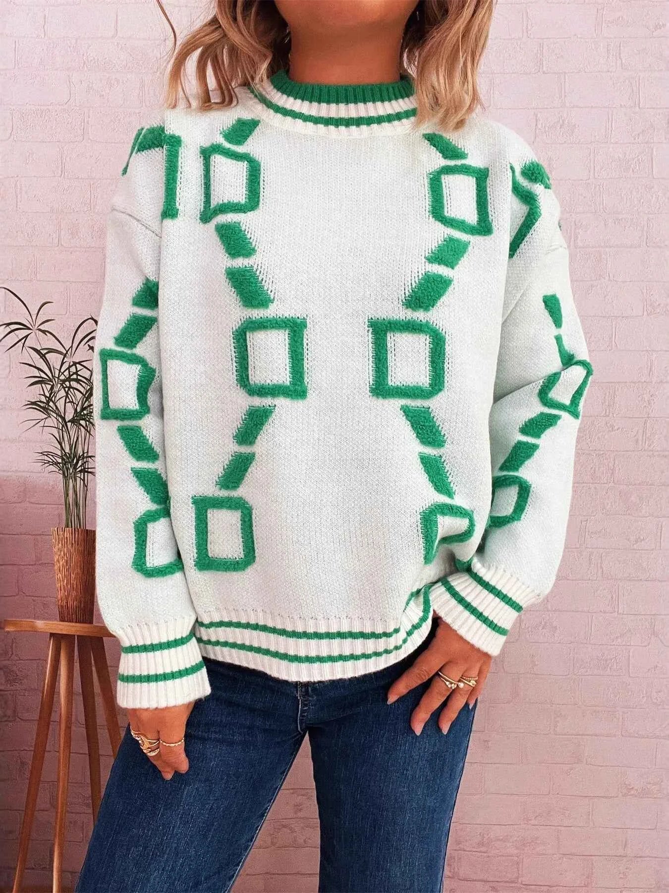 Contrast Round Neck Long Sleeve Sweater b148f650a7c2442dbe260341ef76632e-Max-Origin